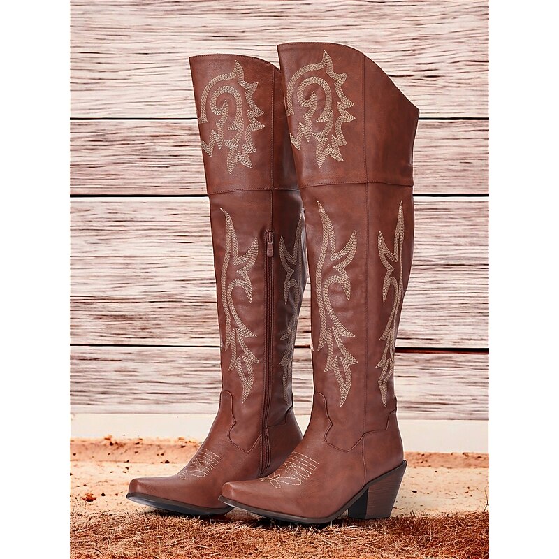 Women's Vintage Brown Western Cowboy Boots with Embroidered Detailing - Perfect for Rodeo, Country Concerts, and Daily Wear