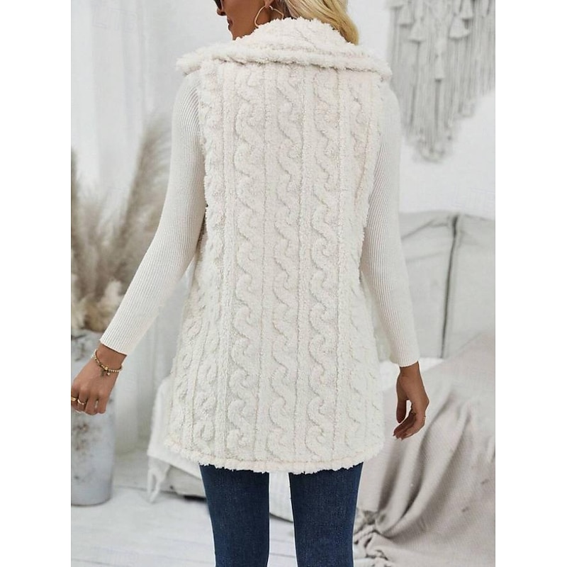 Women's Fleece Jacket Teddy Coat Warm Breathable Buttons Pocket Casual Plain Vacation Street Daily Wear Going out Single Breasted Regular Turndown Regular Fit Sleeveless Outerwear White Fall Winter2