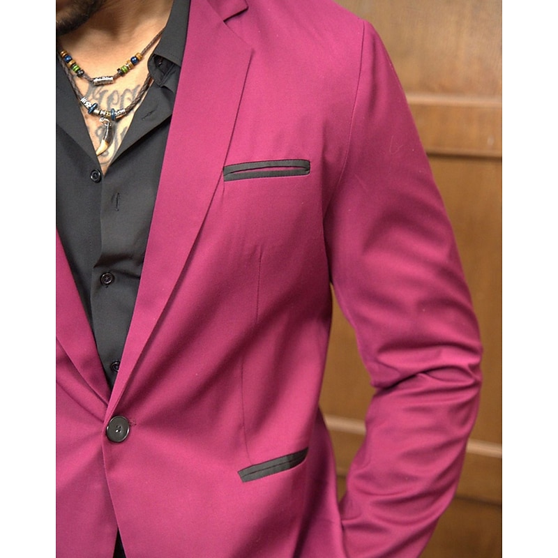 Men's Blazer Business Cocktail Party Wedding Party Fashion Casual Spring & Fall 65% Cotton Color Block Pocket Buttons Comfortable Single Breasted Blazer Burgundy 6