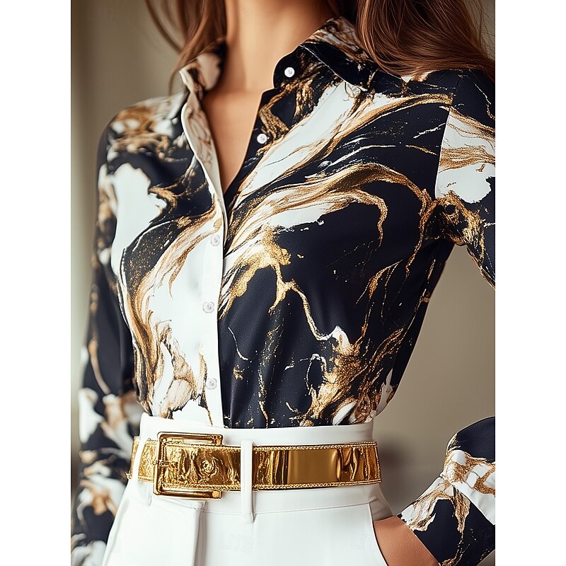 Women's Shirt Button Down Tunic Shirt Collar Long Sleeve Modern Print Regular Tops Work Black Spring Fall