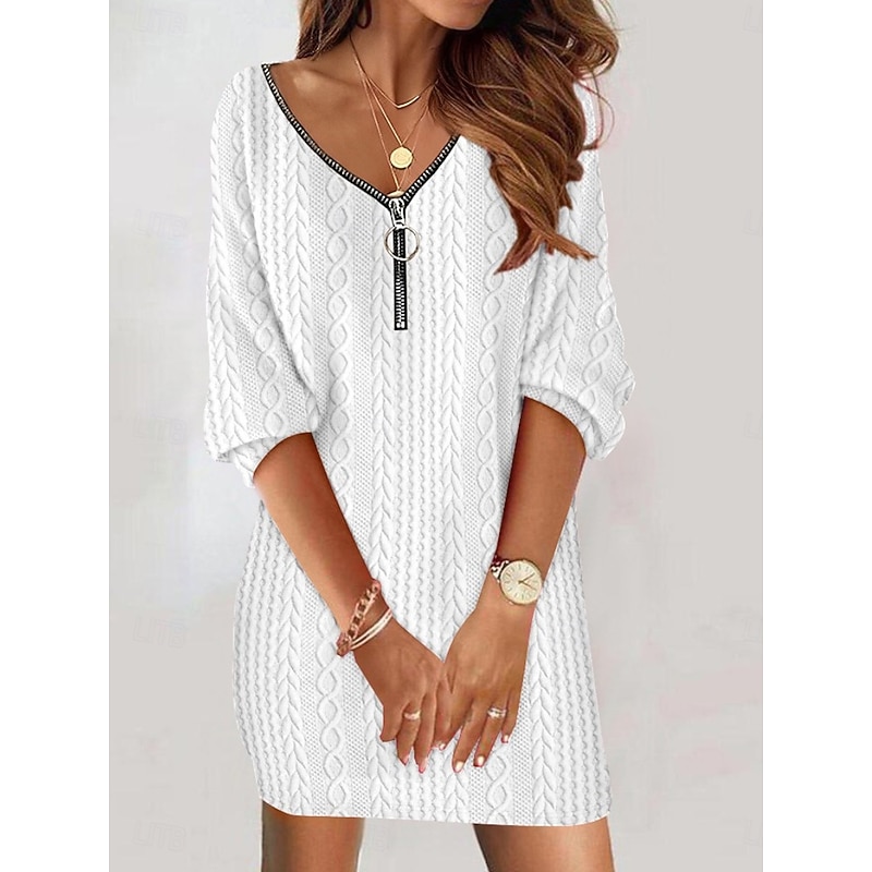 Women's Plain Dress Mini Dress Zipper Vintage Casual V Neck Long Sleeve Black White Pink Color2