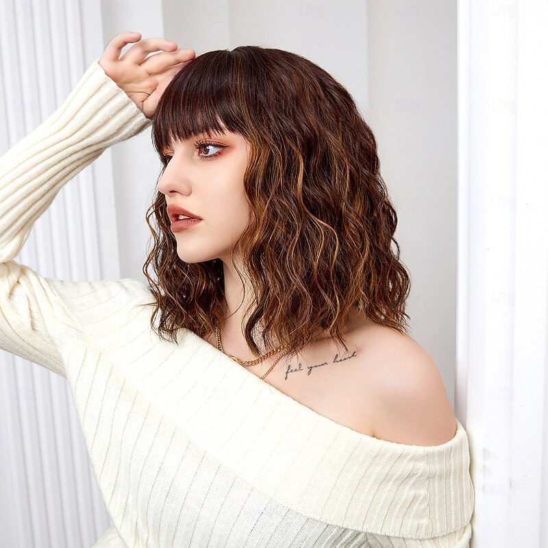 Cosplay Costume Wig Curly Bouncy Curl Bob Neat Bang With Bangs Wig 14 inch Black / Brown Synthetic Hair Women's Elastic Adorable Comfortable Black3