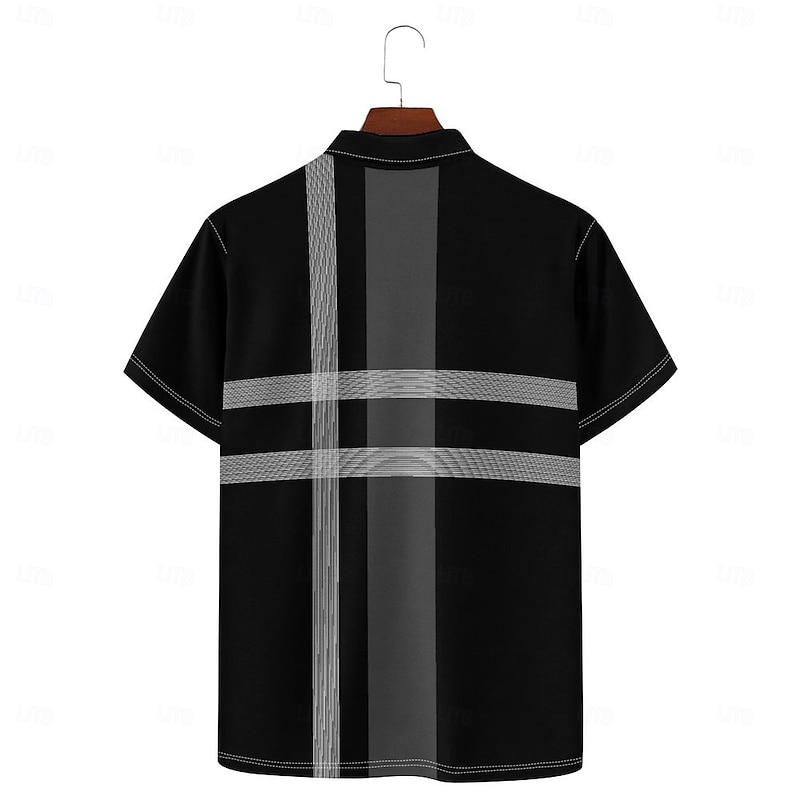 Stripes and Plaid Men's Casual Print Polo Set Casual Daily Wear 95% Polyester 5% Spandex Short Sleeve Turndown Polo Shirts Black Spring & Summer S M L Micro-elastic Lapel Polo4