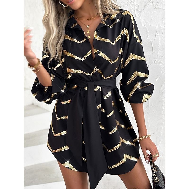Women's Geometric Sequins Shirt Collar Bishop Sleeves Mini Dress Long Sleeve Spring Fall