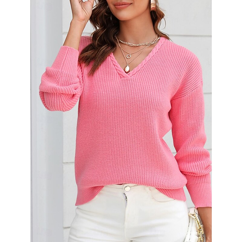 Women's Sweater Stylish Solid Color Crochet V Neck Braided Long Sleeve Regular Tops Knit Work Black Pink Spring Fall3