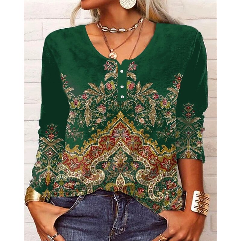 Women's T Shirt Floral Fashion Long Sleeve Round Neck Regular Tops Daily Weekend Buttons Print Black Wine Blue Green Spring &  Fall2