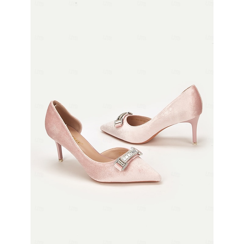 Women's Elegant Pink Velvet High Heels with Crystal Buckle, Perfect for Wedding and Formal Events2