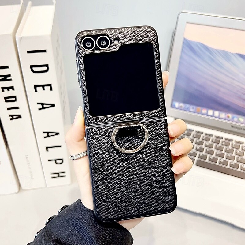 Phone Case For Samsung Galaxy Z Flip 7 Z Flip 6 Z Flip 5 Z Flip 4 Back Cover Ring Buckle Shockproof Retro Metal PU Leather2