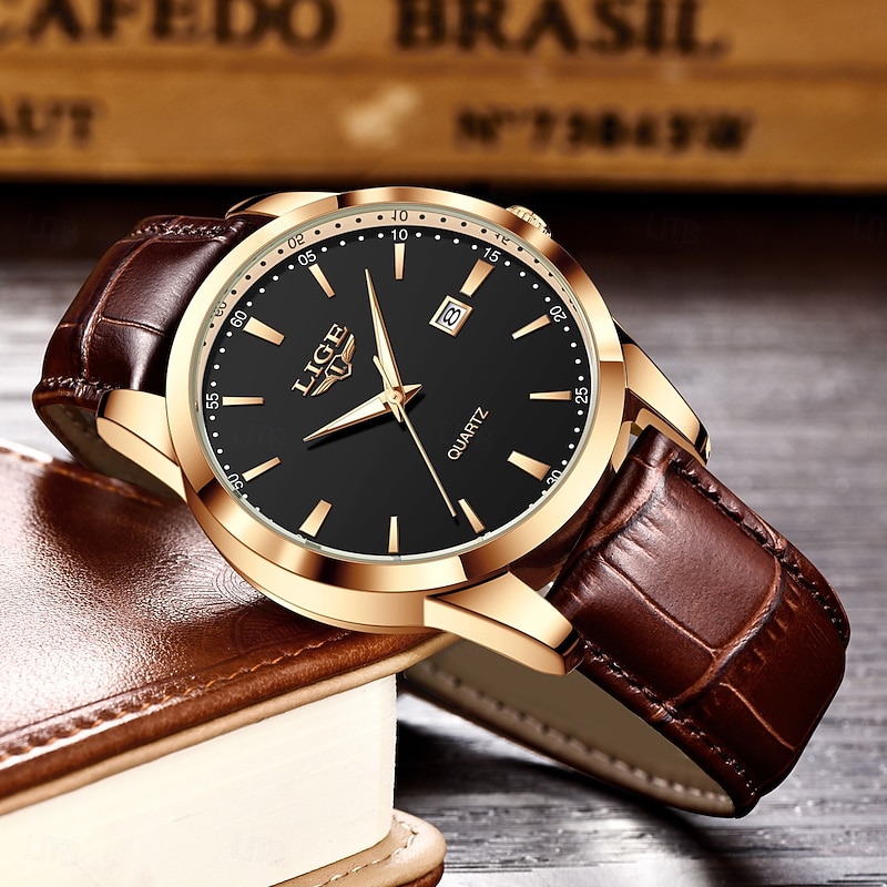 LIGE Men Quartz Watch Business Date Waterproof Leather Strap Watch