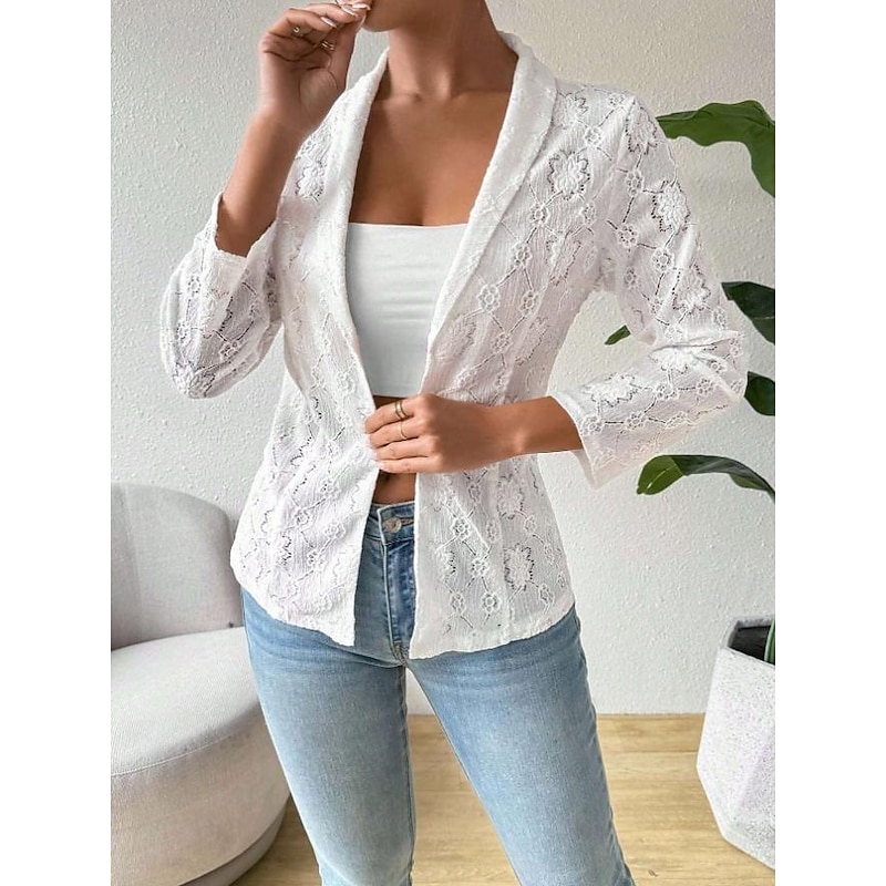Women's Jacket Dailywear Lace Solid Color Windproof Vintage Regular Fit Outerwear Long Sleeve Spring White S4