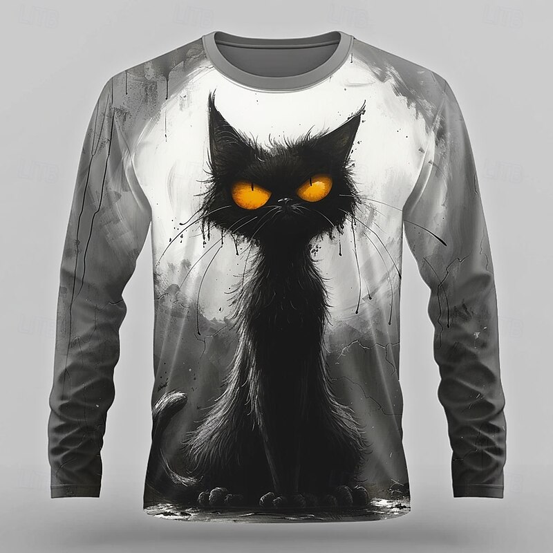Halloween Men's Cat Funny T Shirt Long Sleeve T shirt 3D Print Crew Neck Shirt Designer Retro Vintage Street Casual Daily Gray Summer Spring Fall Clothing Apparel S M L XL XXL XXXL3