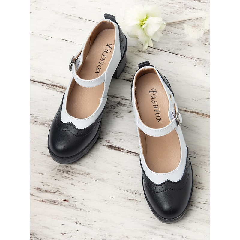 Women's Vintage Black and White Mary Jane Chunky Heel Shoes - Retro Brogue Style for Office and Casual Wear2