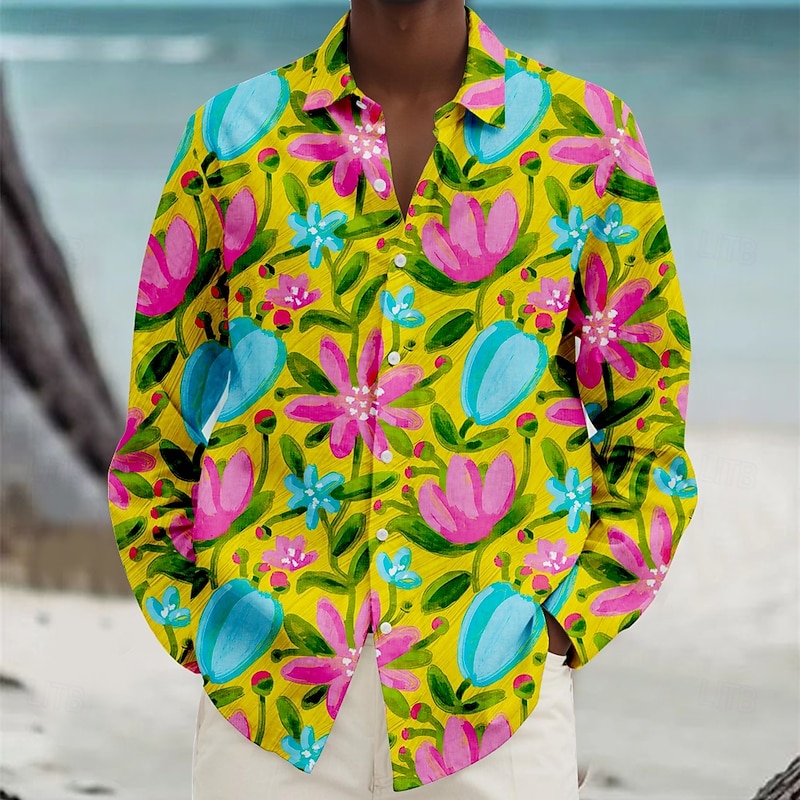 Men's Floral Beach Shirt Summer Hawaiian Shirt Button Up Shirt Long Sleeve Shirt Collared Shirts Hawaiian Casual Vacation Daily Yellow Blue S M L - Main Image