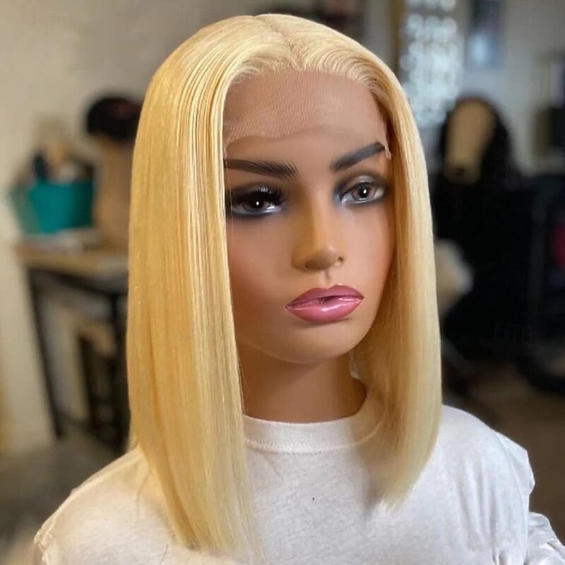 Remy Human Hair 13x4 Lace Front 4x4 Lace Front Wig Bob Short Bob Side Part Brazilian Hair Straight Blonde Wig 130% 150% 180% Density with Baby Hair Natural Hairline Glueless With Bleached Knots2