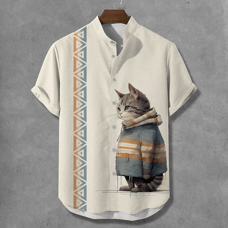 Men's Cat Button Up Shirt Short Sleeve Funny Vacation Summer Spring Grandad Collar Band Collar 3D Print Beige
