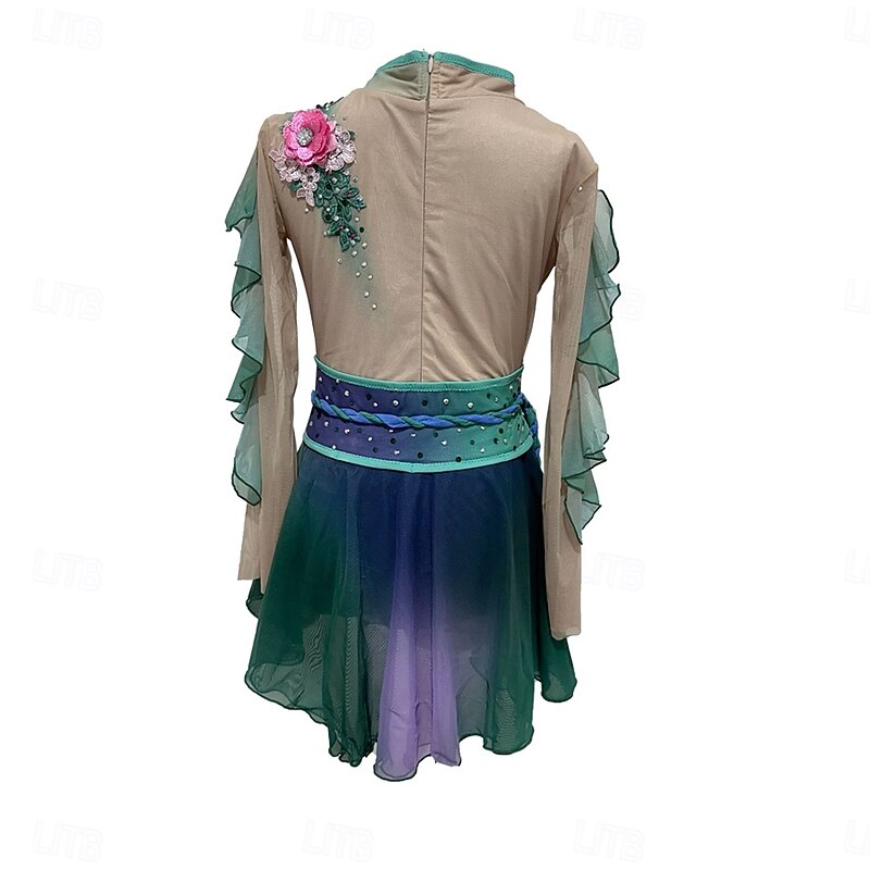 Figure Skating Dress Women's Girls' Ice Skating Dress Blue+Green Patchwork Thumbhole Mesh Spandex Stretchy Training Practice Professional Skating Wear Thermal Warm Crystal / Rhinestone Long Sleeve3