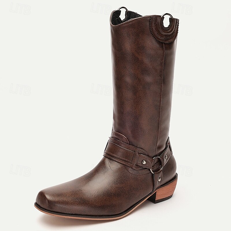 Men's Brown Faux Leather Western Motorcycle Riding Boots - Classic Style with Harness Detail for Equestrian and Casual Wear3