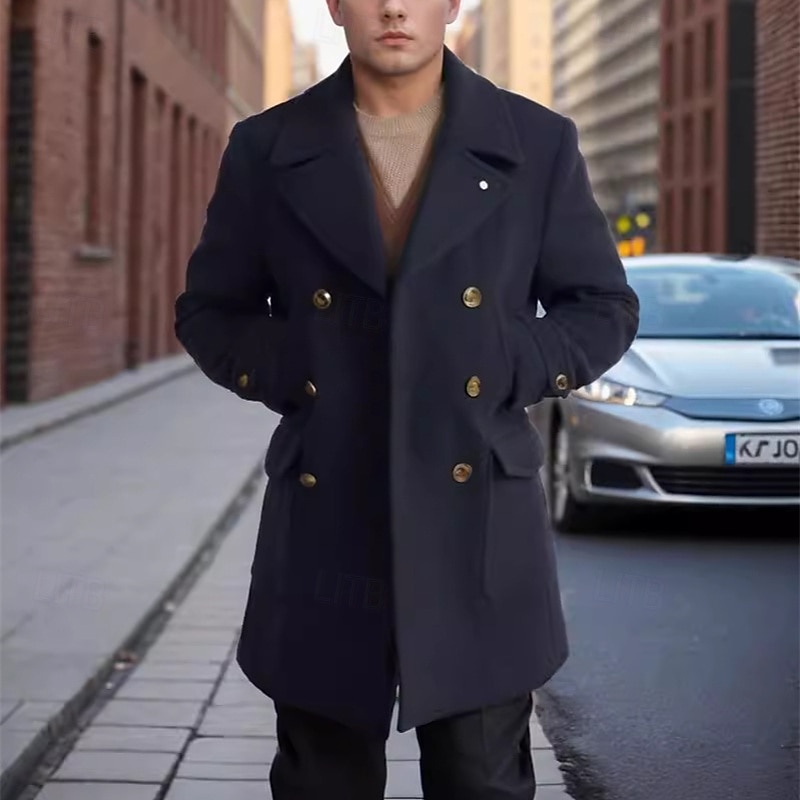 Men's Peacoat Trench Coat Daily Vacation Fall & Winter Polyester Thermal Warm Outerwear Clothing Apparel Fashion Classic Plain Pocket Lapel Double Breasted4