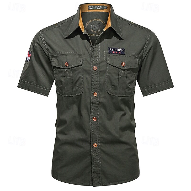 Men's Shirt Workwear Shirts Casual Shirt Work Shirt Button Up Shirt Cargo Shirt khaki Army Green Dark Blue Short Sleeve Plain Lapel Vacation Hawaiian Front Pocket Clothing Apparel 100% Cotton Fashion4