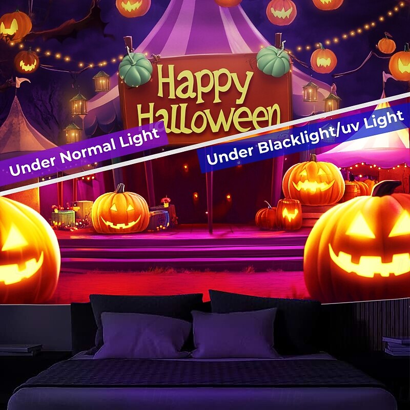 Halloween Decorations Blacklight Tapestry UV Reactive Glow in the Dark Glow Party Skulls Psychedelic Trippy Misty Hanging Tapestry Wall Art Mural for Living Room Bedroom Pumpkins3