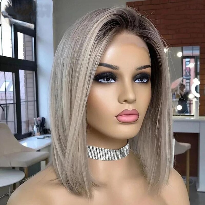 Remy Human Hair 13x4 Lace Front Wig Bob Short Bob Side Part Brazilian Hair Straight Dark Gray Multi-color Wig 130% 150% 180% Density with Baby Hair Natural Hairline 100% Virgin With Bleached Knots2