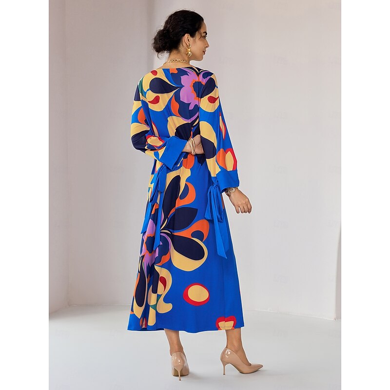 Loose Floral Printing Fall Crew Neck Elegant Casual Midi Dress2