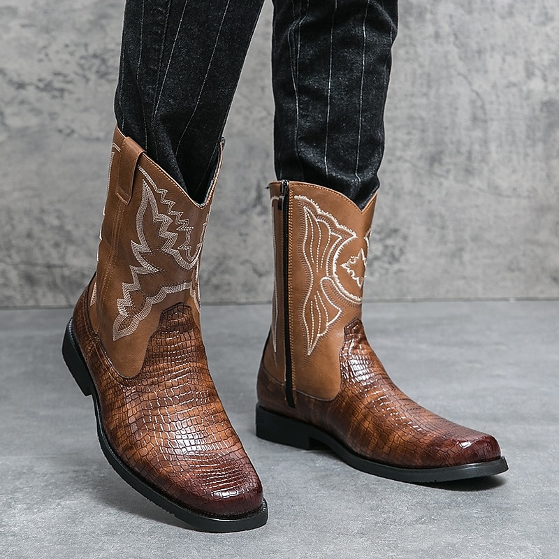 Men's Brown Western Cowboy Boots with Crocodile Texture and Embroidered Faux Leather Upper, Perfect for Ranch and Outdoor Wear4