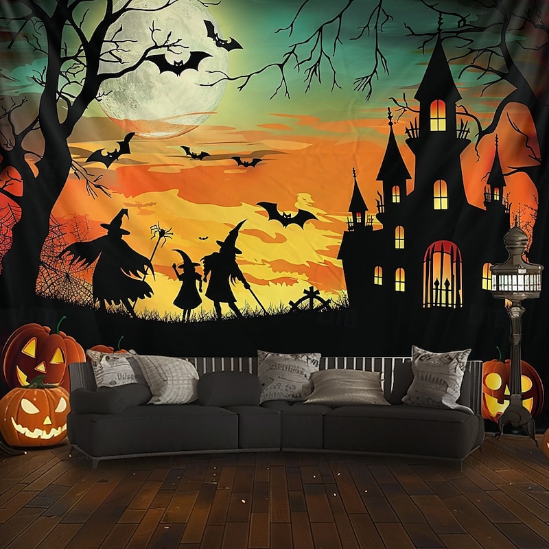 Halloween Decorations Hanging Tapestry Witches Castle Wall Art Large Tapestry Mural Decor Photograph Backdrop Blanket Curtain Home Bedroom Living Room Decoration 7