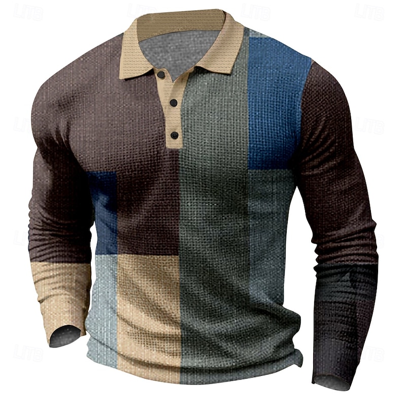 Men's Plaid Golf Shirt Long Sleeve Polo Shirts Collared Shirts Vintage Casual Vacation Wear Formal Wear Festival Wear Buttons 3D Print Spring Fall Winter Black Blue