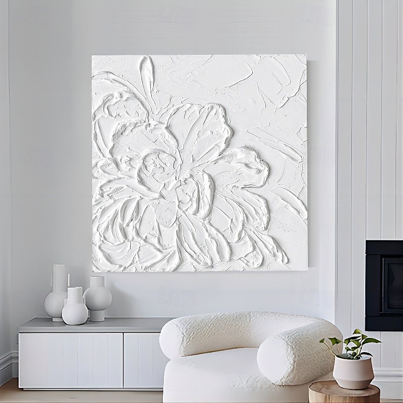 3D White Flower oil painting Hand-Painted Thick Texture Oil Painting Beige White Painting On Canvas Abstract Textured oil painting for Wall Art painting for Living Room artwork