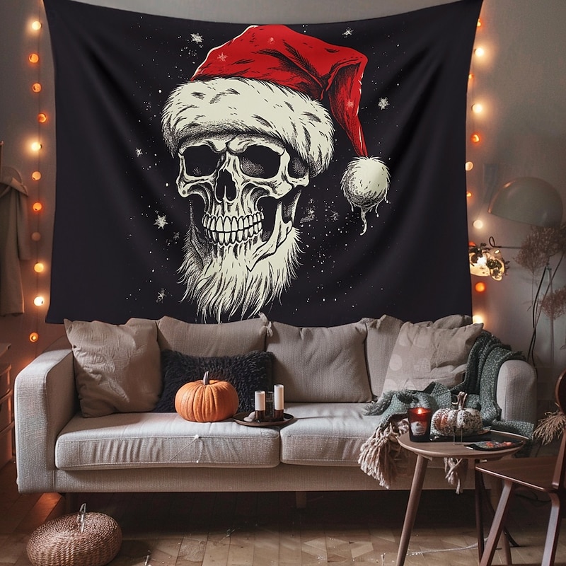 Hanging Tapestry Skull Christmas Hat Wall Art Large Tapestry Mural Decor Photograph Backdrop Blanket Curtain Home Bedroom Living Room Decoration4