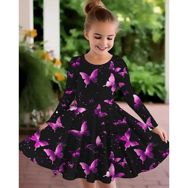 Girls' 3D Graphic Butterfly Dress Long Sleeve Summer Spring Vacation Daily Holiday Princess Beautiful Sweet Kids 4-12 Years Casual Dress A Line Dress Knee-length Regular Fit