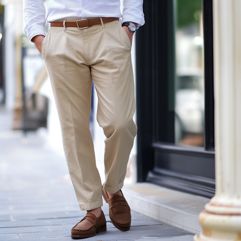 Men's Linen Pants Trousers Dress Pants Beach Pants Front Pocket Straight Leg Plain Comfort Breathable Formal Business Holiday Fashion Basic Navy Blue Khaki