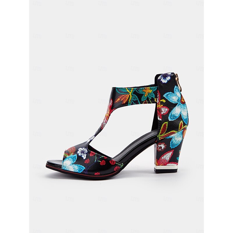 Women's Colorful Floral Print Block Heel Sandals with Cut-Out Design - Stylish Open-Toe Shoes for Summer Parties and Casual Wear3