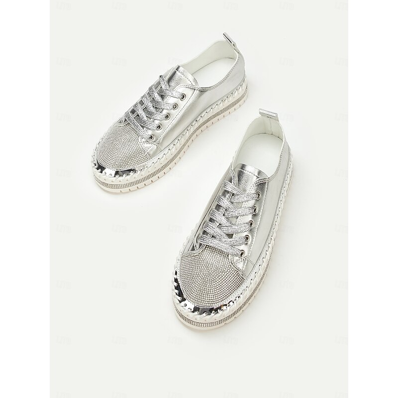 Women's Silver Rhinestone Lace-Up Sneakers - Stylish and Comfortable Shoes for Casual Wear3