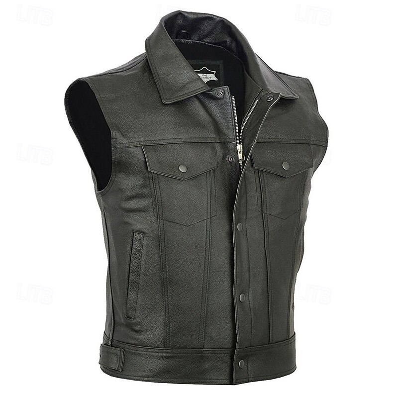Men's Vest Gilet Daily Vacation Fashion Business Spring &  Fall Pocket Polyester Leather Comfortable Solid Color Zipper Lapel Regular Fit Black Vest2