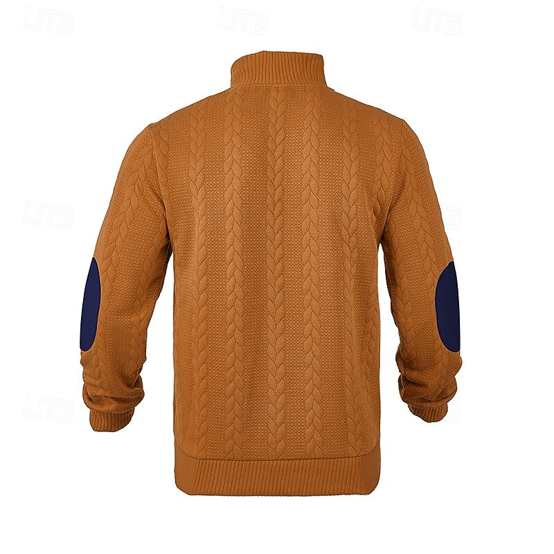 Men's Sweatshirt Black Yellow Khaki Dark Gray Standing Collar Color Block Jacquard Patchwork Ribbed Textured Sports & Outdoor Daily Holiday Polyester Textured Streetwear Basic Casual Fall & Winter4