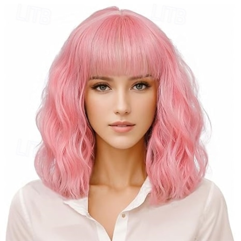 Wig with Bangs for Women- Short Curly Light Bob Wig Shoulder Length Synthetic Cosplay Wig for Girl Colorful Costume Halloween Wig2