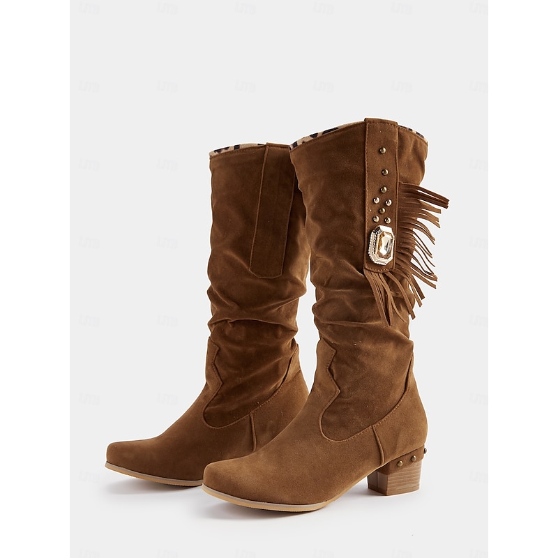 Women's Brown Suede Fringe Mid-Calf Boots with Studded Details – Western Cowboy Boots for Fall and Winter