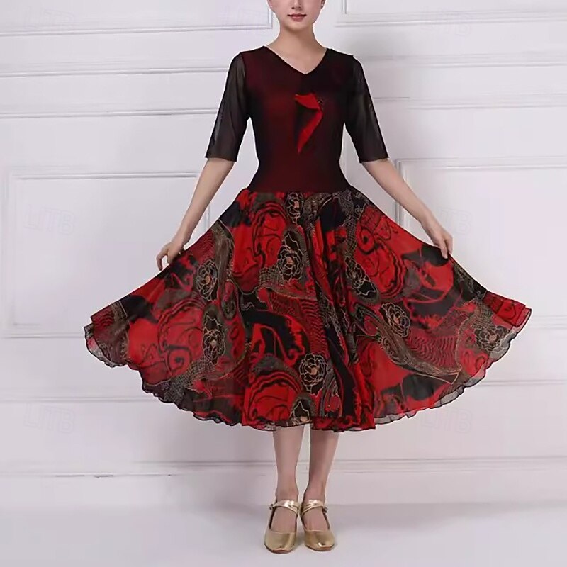 Ballroom Dance Dress Printing Splicing Women's Performance Party Half Sleeve Spandex Imitation Silk