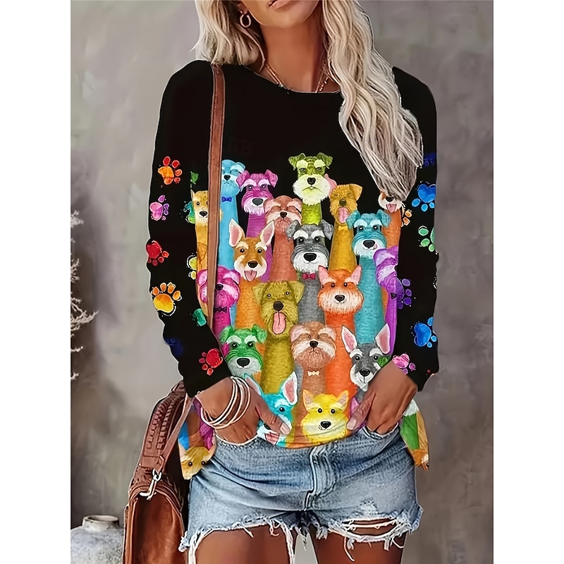 Women's T shirt Crew Neck Long Sleeve Tunic Casual Print Regular Tops Daily Black Spring Fall