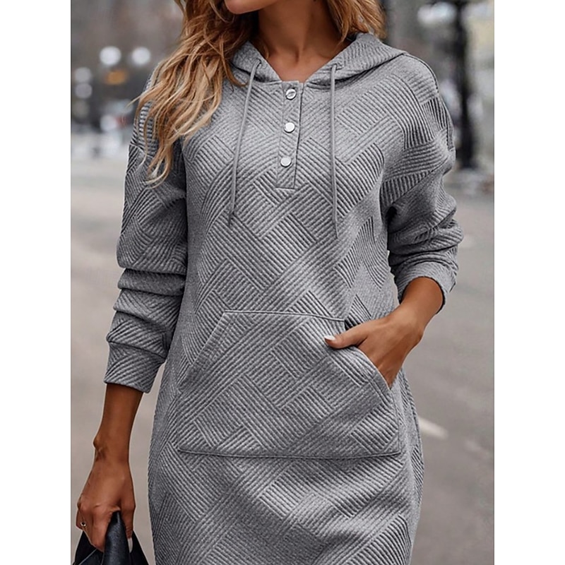 Women's Shift Dress Midi Dress Drawstring Casual Crew Neck Long Sleeve Black Khaki Beige Color3