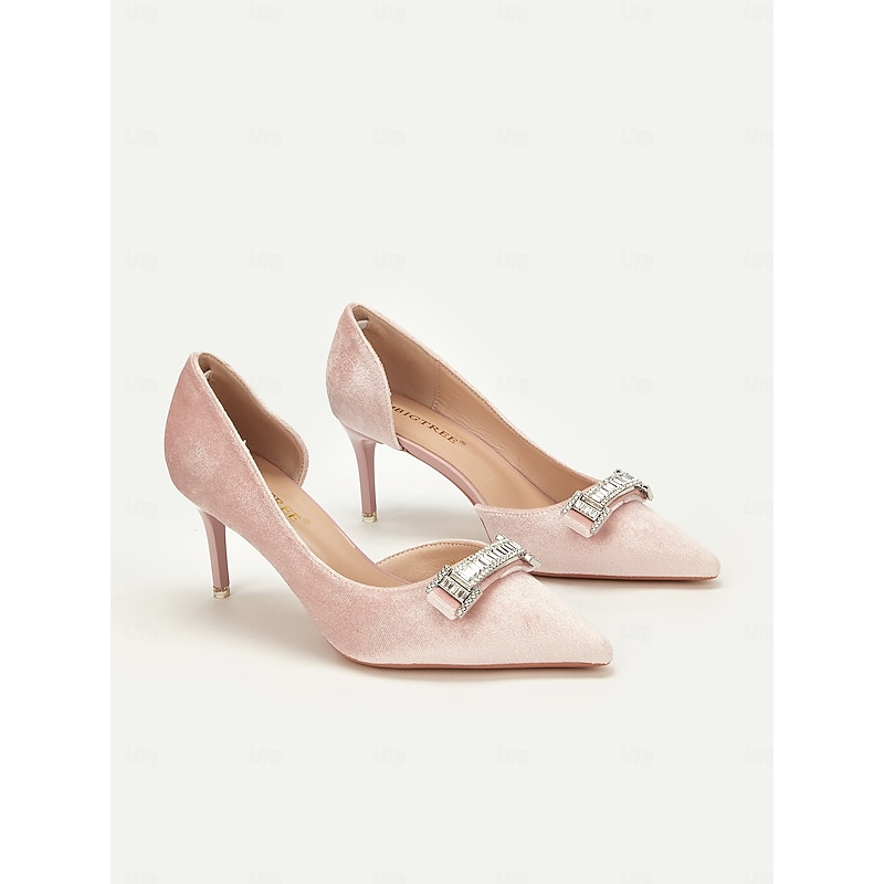 Women's Elegant Pink Velvet High Heels with Crystal Buckle, Perfect for Wedding and Formal Events4