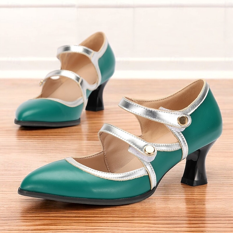 Women's Vintage Mary Jane Heels - Elegant Green and Silver Mid-Heel Dress Shoes with Double Straps for Oktoberfest, Parties and Formal Events