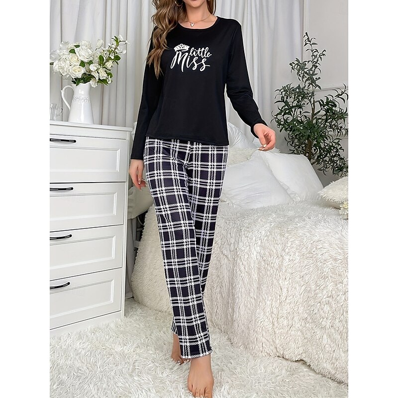 Women's Pajamas Sets Grid / Plaid Letter Fashion Comfort Home Daily Bed Breathable Crew Neck Long Sleeve T shirt Tee Pant Elastic Waist Fall Winter Home Outfits4