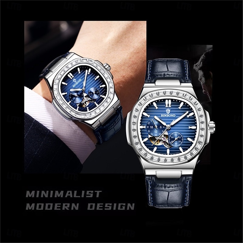 BINBOND Men Mechanical Watch Creative Fashion Business Wristwatch Automatic Self-winding Luminous Calendar Waterproof Steel Leather Watch2
