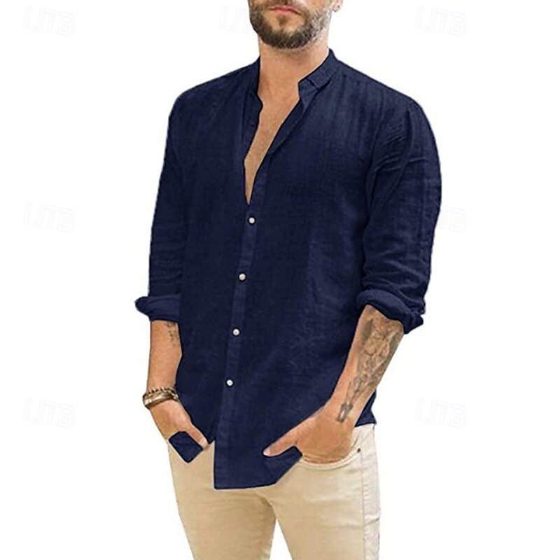 Men's Shirt Summer Shirt Casual Shirt Beach Shirt Button Up Shirt Black White Navy Blue Green Apricot Long Sleeve Plain Lapel Vacation Hawaiian Button-Down Clothing Apparel Polyester Fashion Casual4