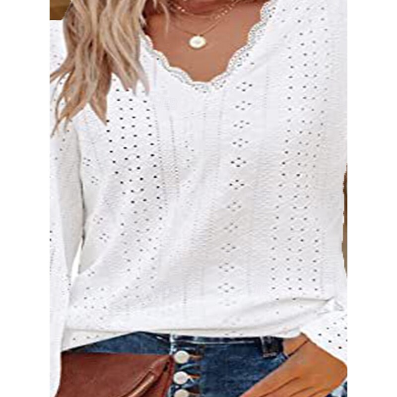 Women's White Elegant Lace Tops Eyelet Blouse Stylish Solid Color Eyelet Puff Sleeve Long Sleeve Regular Tops V Neck Daily Romantic Petite Tops Summer Holiday Wear White Pink Purple Green Spring Fall2