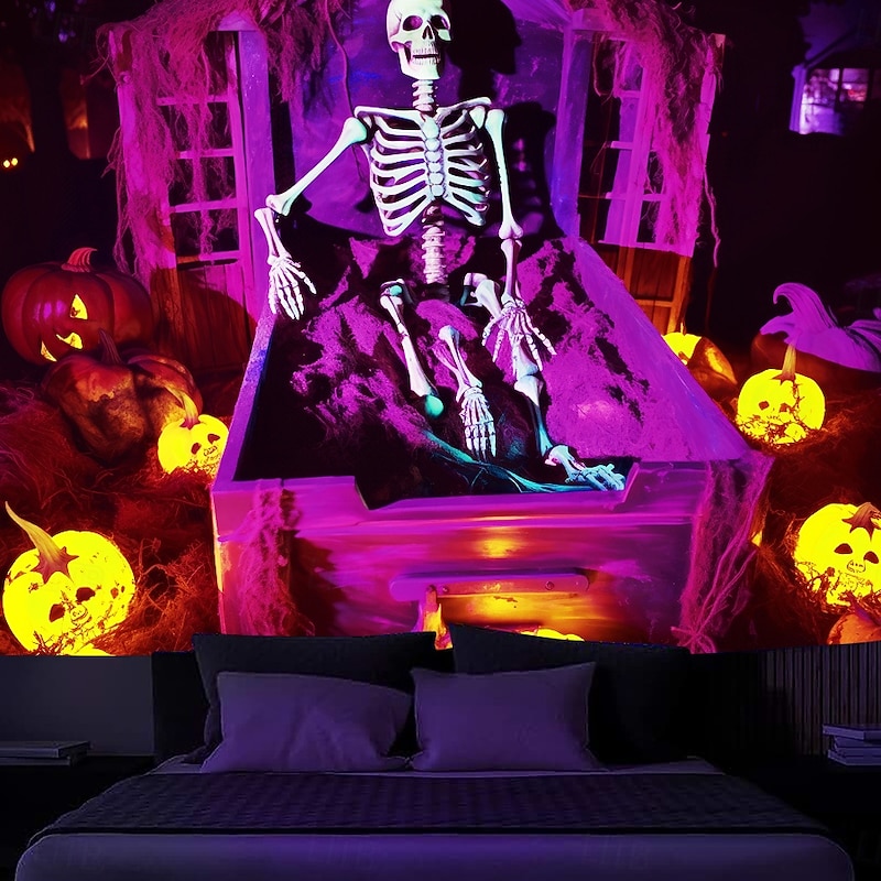 Halloween Decorations Skeleton Blacklight Tapestry UV Reactive Glow in the Dark Glow Party Trippy Misty Pumpkin Lights Hanging Tapestry Wall Art Mural for Living Room Bedroom