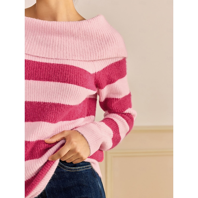 Off Shoulder Ribbed Knit Wool Blend Fall / Winter Causal Rose Red Sweater3